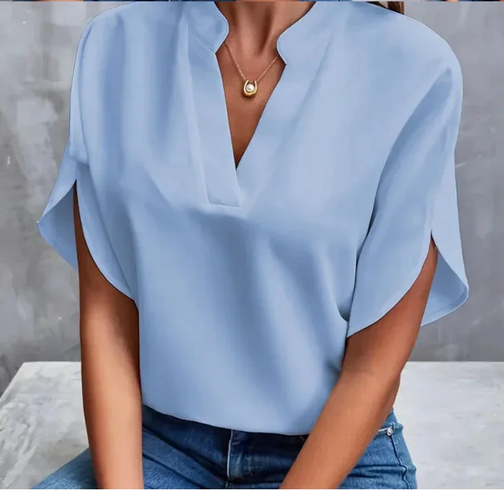 V-neck Short Sleeve Loose Shirt Blouses