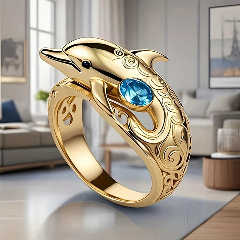Huitan Fresh Dolphin Design Inlaid Shining Blue CZ Rings