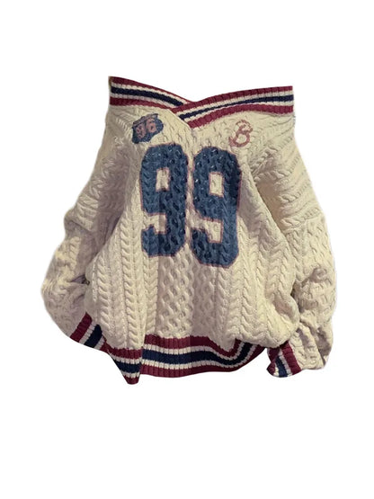 Oversized Korean Preppy Style Letter Print Loose Elegant Pullover Sweater