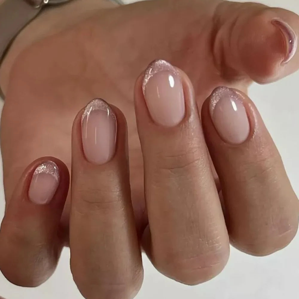 24Pcs Metallic Cat Eye French Sheer Manicure Tip Art Textured 3D Acrylic False Nails