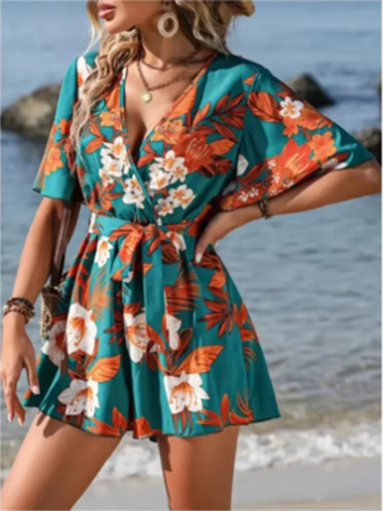 Printed V-neck Short Sleeve Jumpsuit