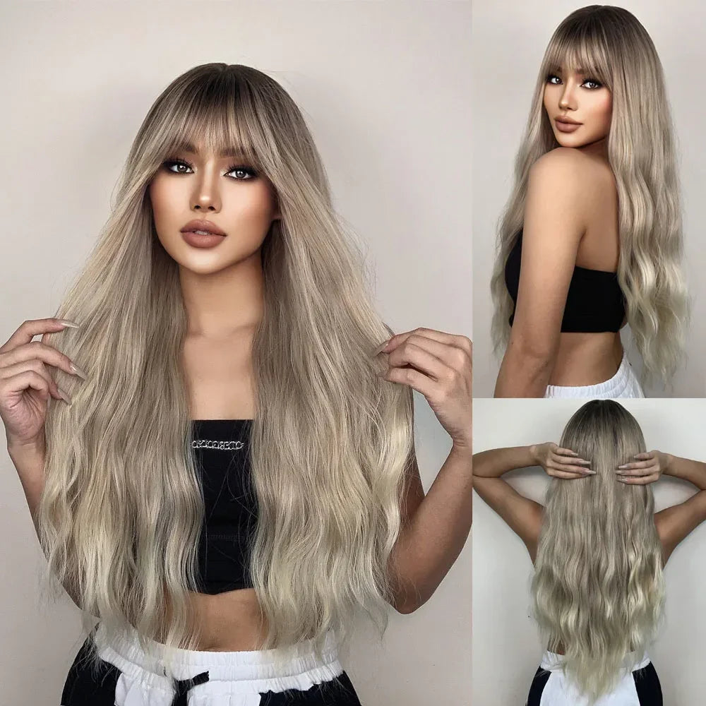 Long Natural Wavy Platinum Blonde Wigs