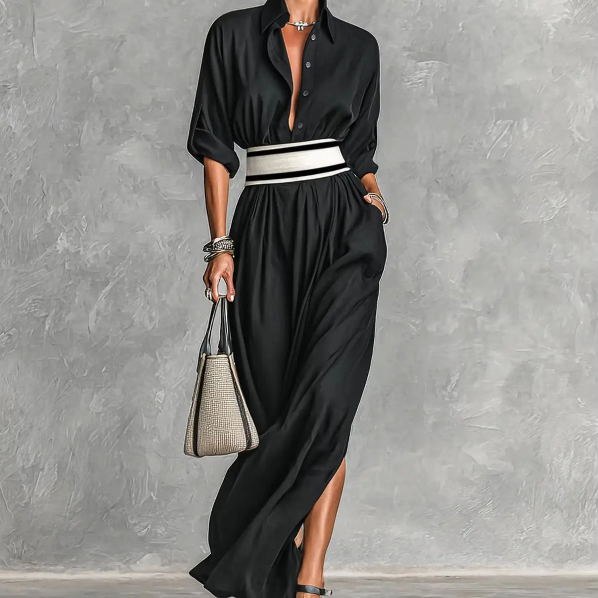 Shirt Maxi with Wide Striped Belt  Roll-Up Sleeve High Slit Elegant Casual Dress