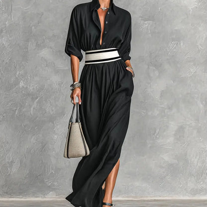 Shirt Maxi with Wide Striped Belt  Roll-Up Sleeve High Slit Elegant Casual Dress