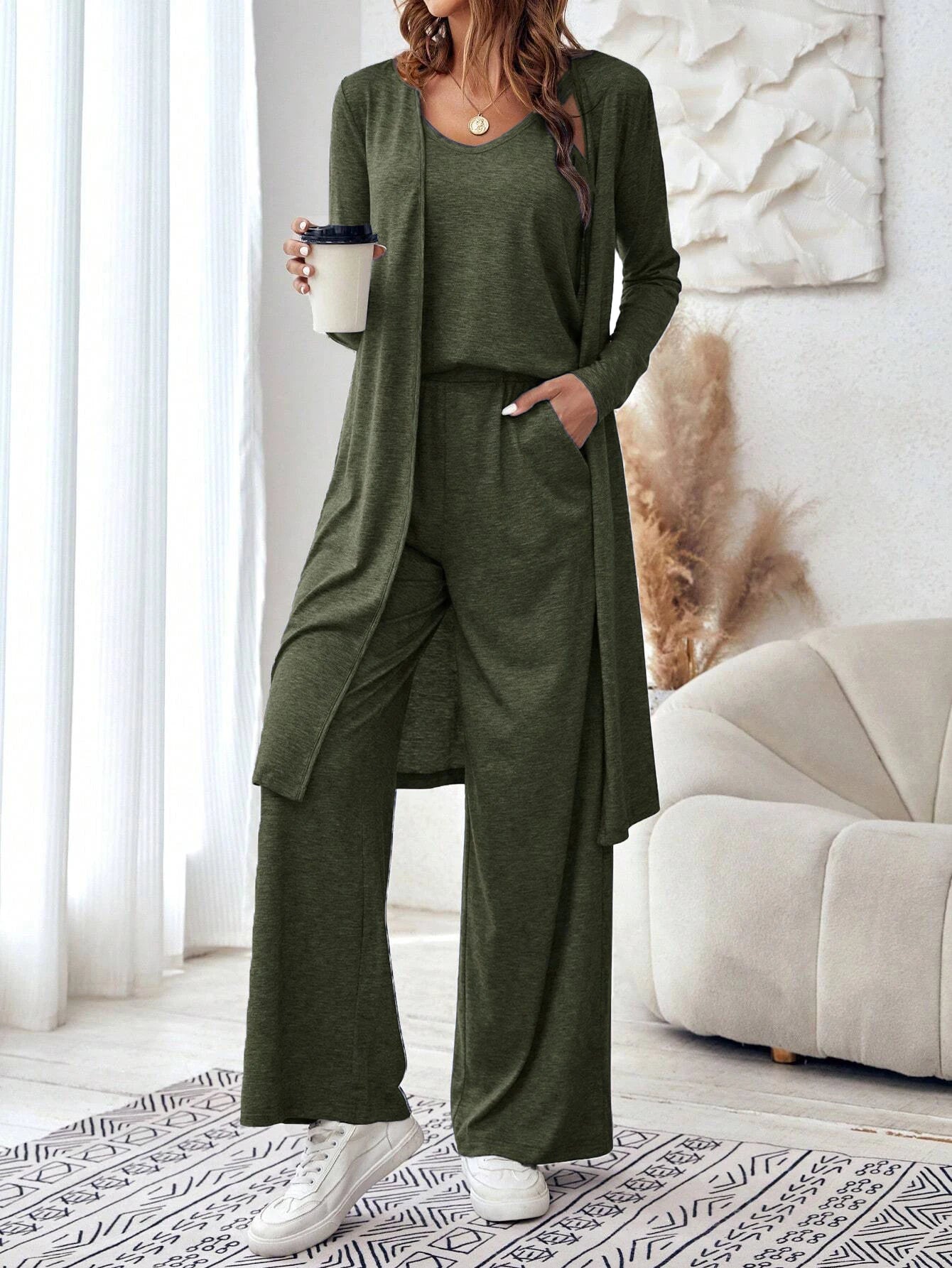 Casual loose three piece vest pants cardigan three piece set