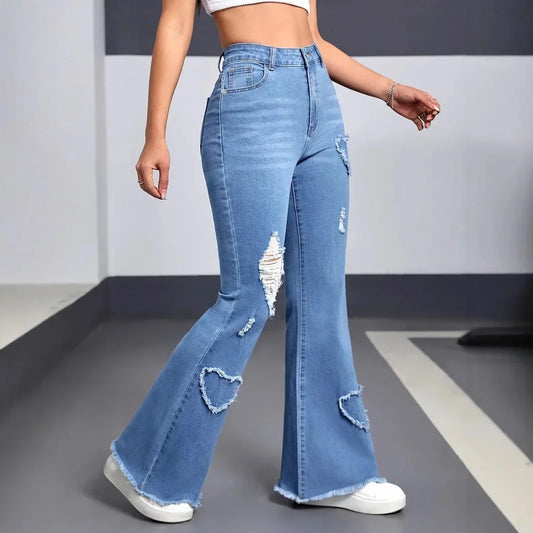 Hole Boot Cut High Waist Stretch Jeans