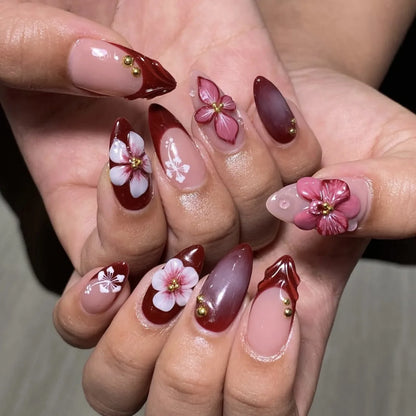 24Pcs Gilded 3D Flower Press on Nails Black French Leopard Print False Nails