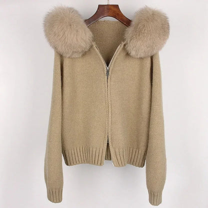 Autumn Winter Casual Hooded Real Fox Fur Collar Short Knitted Jacket
