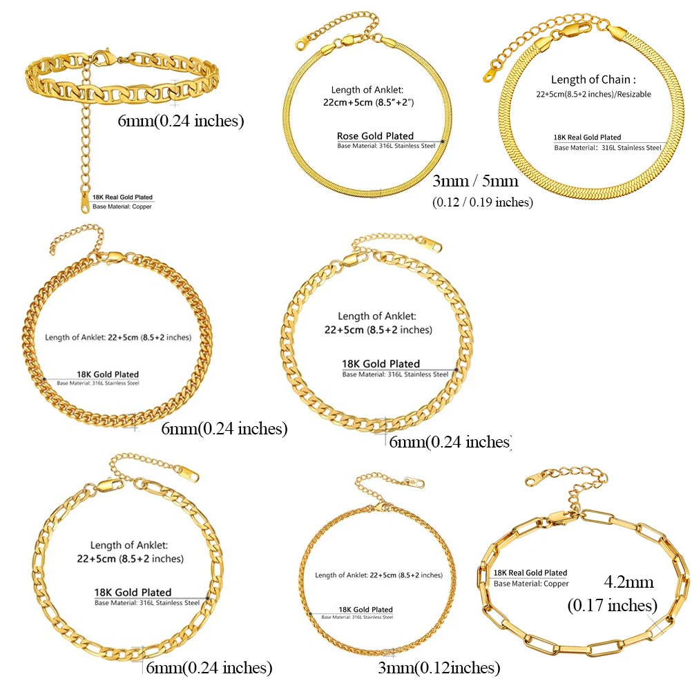 U7 Ankle Cuban Link Snake Figaro Bracelets