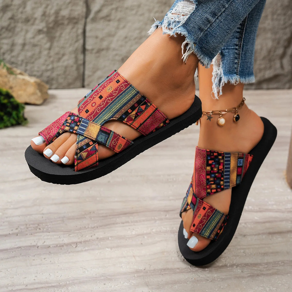 Open Toe Slip on Colorful Ethnic Style Lightweight Slippers