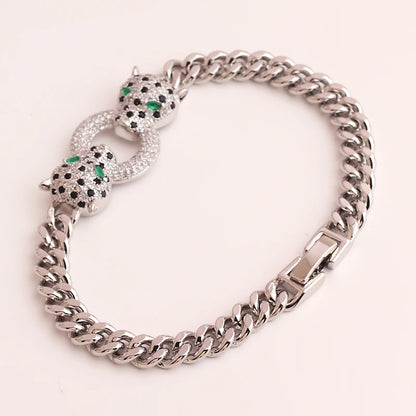 Classic Leopard Green Eye Hip Hop Cuban Chain Black Cubic Zirconia Bracelet