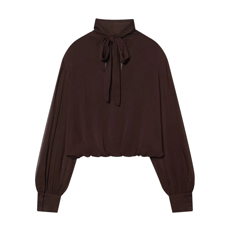 Black Bow Tie Neck Blouse Sheer Puff Sleeve Cropped Chiffon T-Shirt