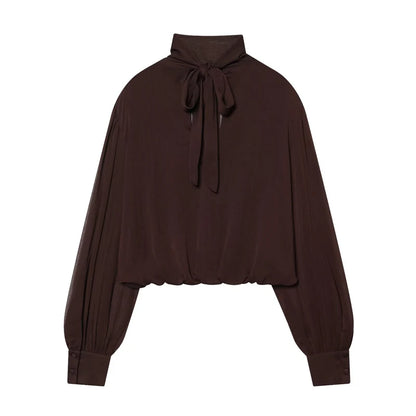 Black Bow Tie Neck Blouse Sheer Puff Sleeve Cropped Chiffon T-Shirt