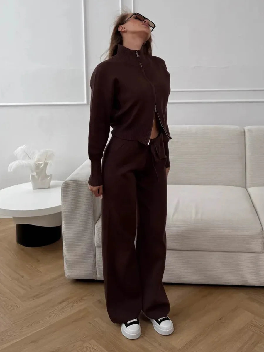 Knit Zip Up Cardigan Wide Leg Soft Fabric Cropped Sets