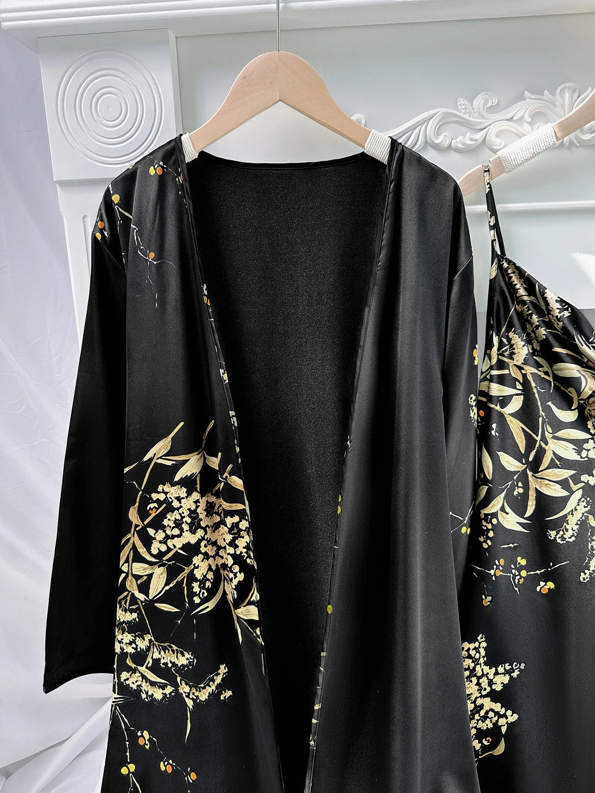 5pcs Floral Print Long Sleeve Robe Cami Dress Pajamas Sets
