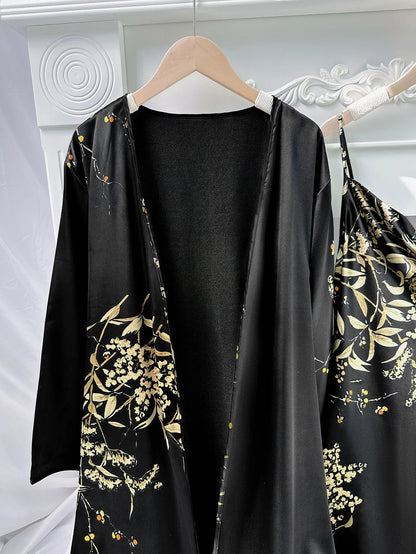 5pcs Floral Print Long Sleeve Robe Cami Dress Pajamas Sets