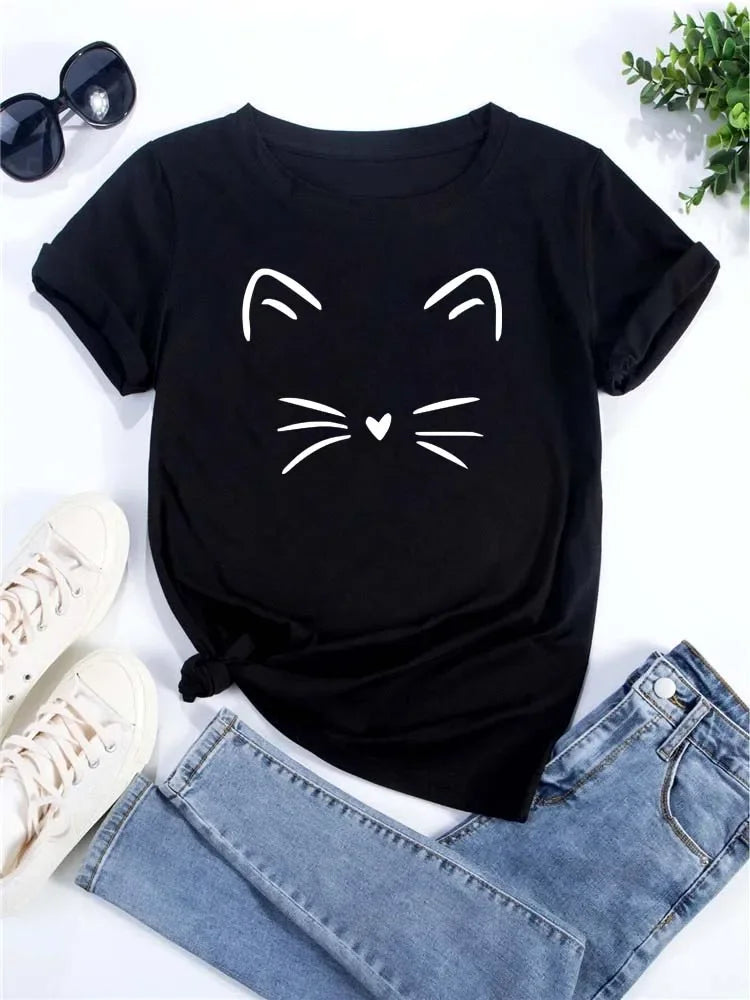 Love Heart Cat Print T-Shirt