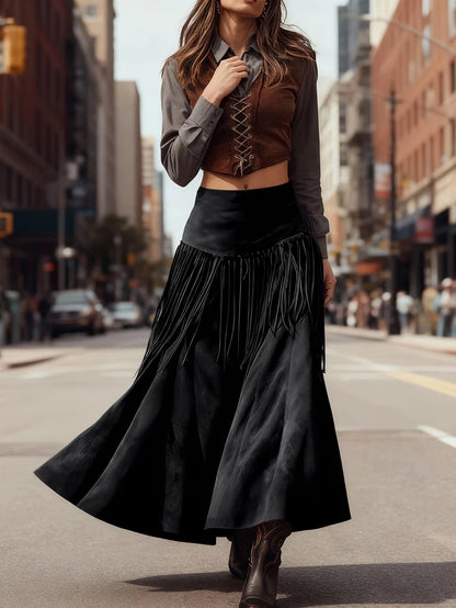 Ethnic Elegant Solid Tassel Slim Fit Midi Skirt