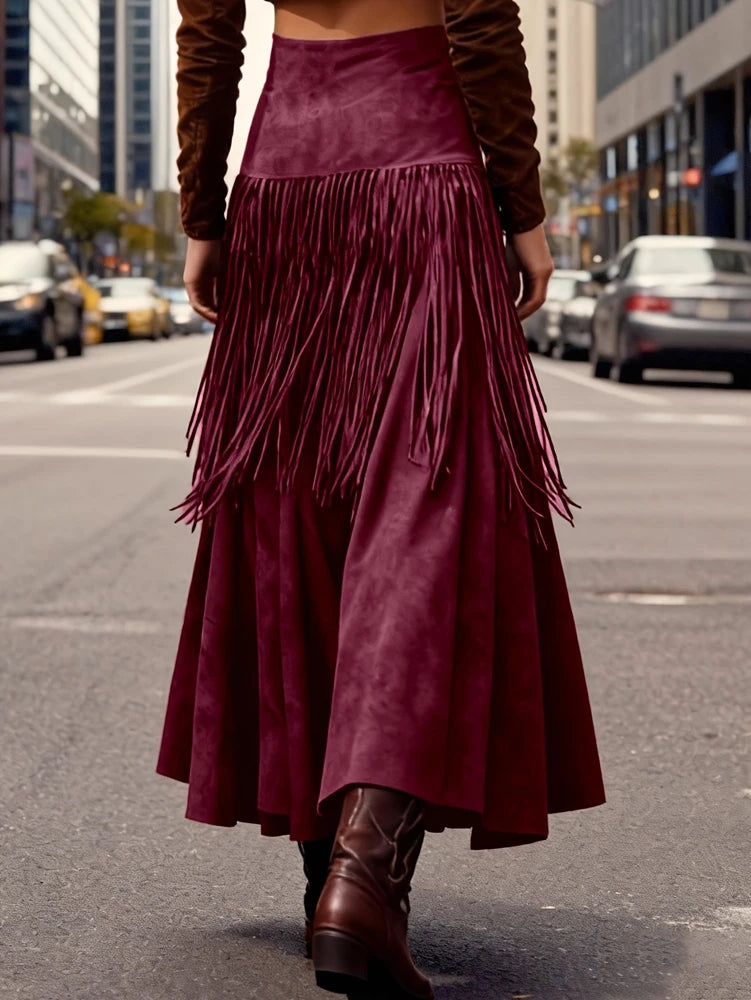 Ethnic Elegant Solid Tassel Slim Fit Midi Skirt