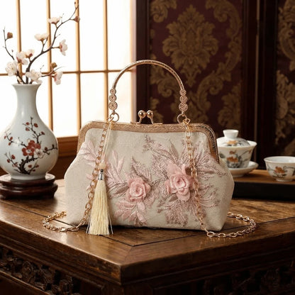 Vintage Kiss Lock Handbag Chinese Style Floral Lace Tassel Small Square Bag