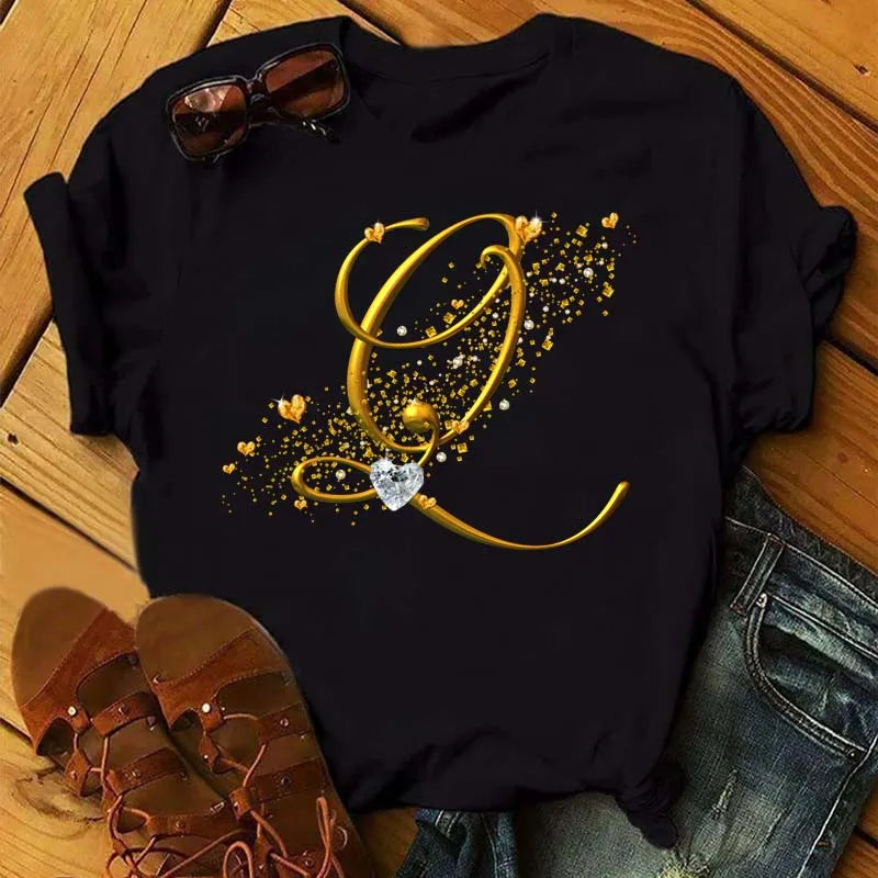 Custom Letter Combination Diamond Gold Letter T-shirt