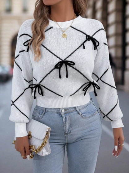 Contrasting Bow Knitted Casual Round Neck Lantern Long Sleeve Sweaters