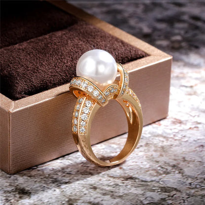 925 Sterling Silver Pearl Gold Shiny CZ Romantic Ring