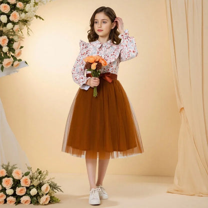 Black Long Sleeve Floral Gauze Belt Casual Elegant Teen Princess Dress