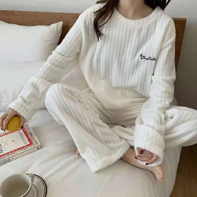 Solid Warm Thicken Velvet Ribbed Fleece Set Pajama