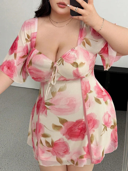 Plus Size Romantic Floral Ruffle Sleeve Dress