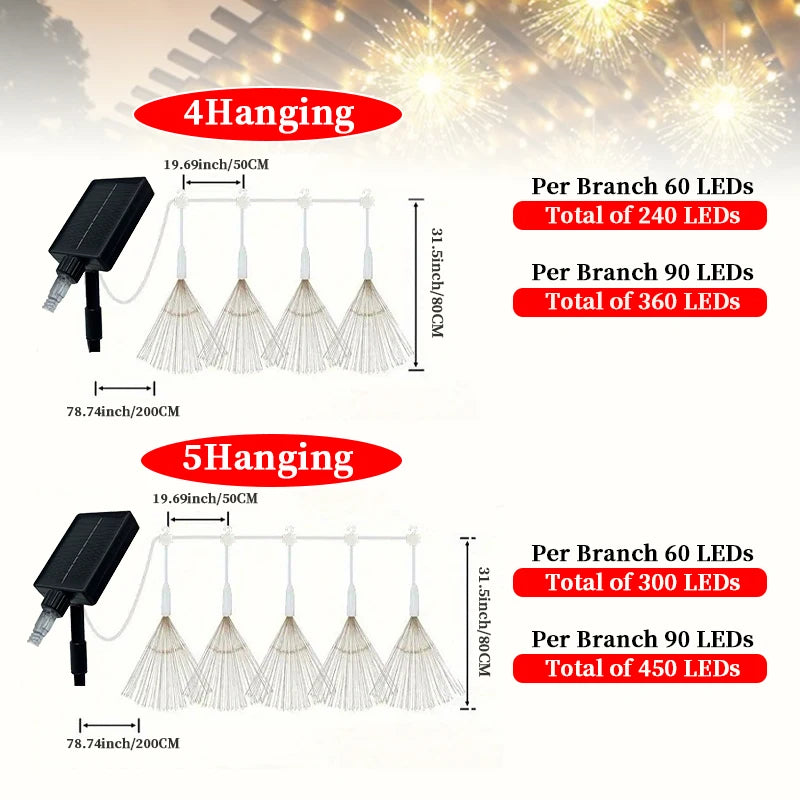 4/5pcs Solar Hanging Firework Lights for Eaves Solar Powered with Light Sensor Control