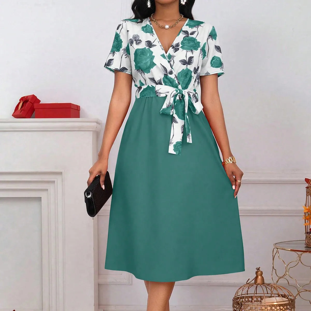Floral Print V-Neck Tie Waist Midi Dress