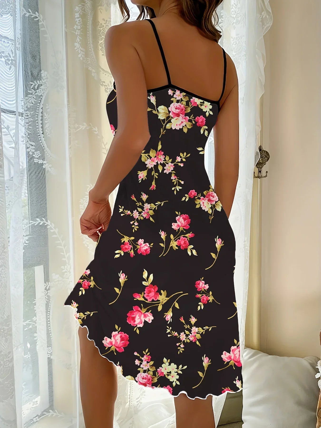 Single-Piece Casual Romantic Floral Print Nightdress