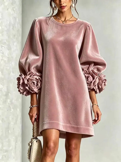 Fall Winter Korean Velvet Long Sleeve Dress with 3D