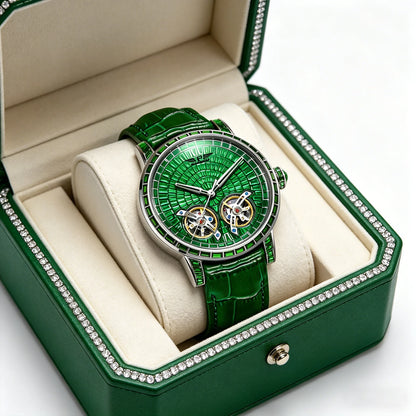 Diamond Mechanical Top Luxury Double Flying Wheel Waterproof Watch Leather
