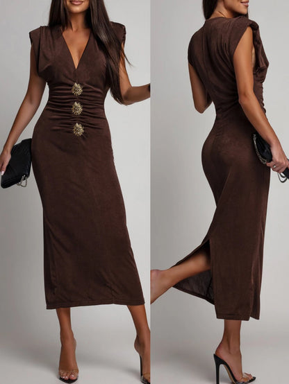 Sleeveless Skinny Midi Long Deep V-neck Hip Wrap Elegant Dress