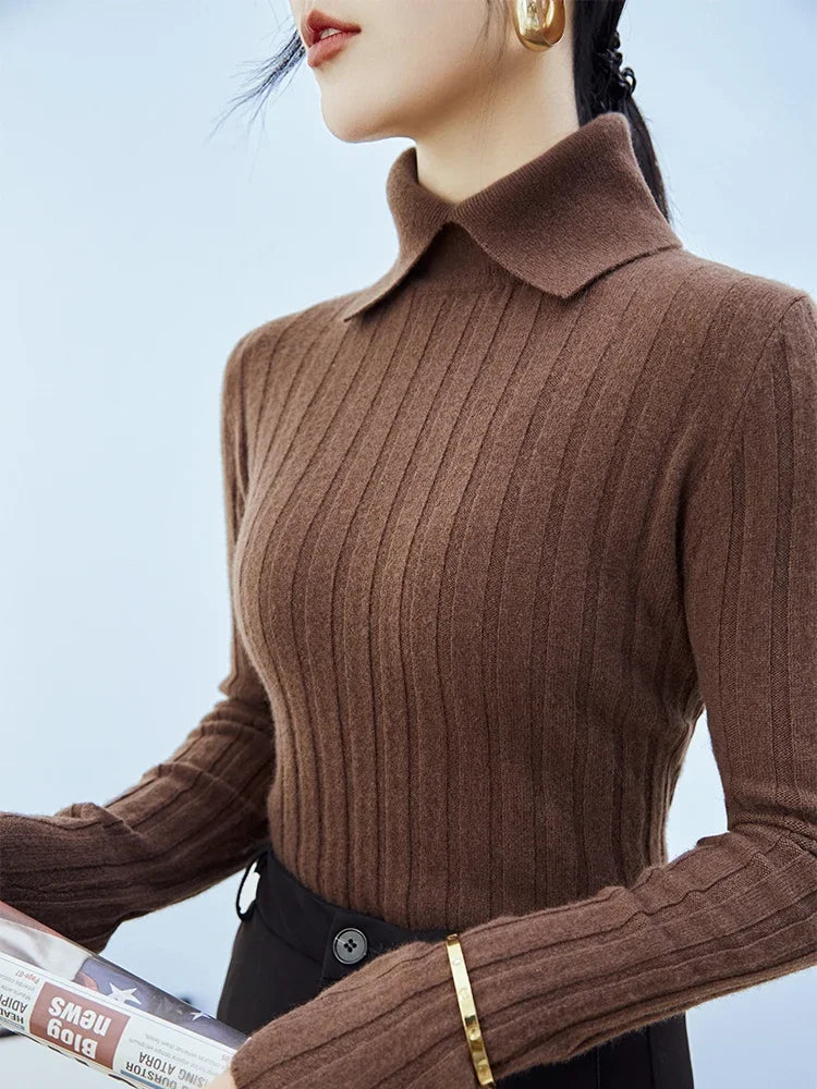 Polo Collar Knitted Sweater Long Sleeve Slim Fit Pullovers