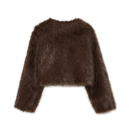 Faux fur Fall/Winter Effect Round Neck Long Sleeve Short Jacket