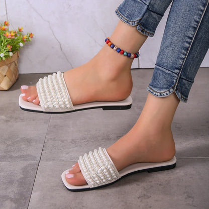 Flat artificial pearl rhinestone slippers