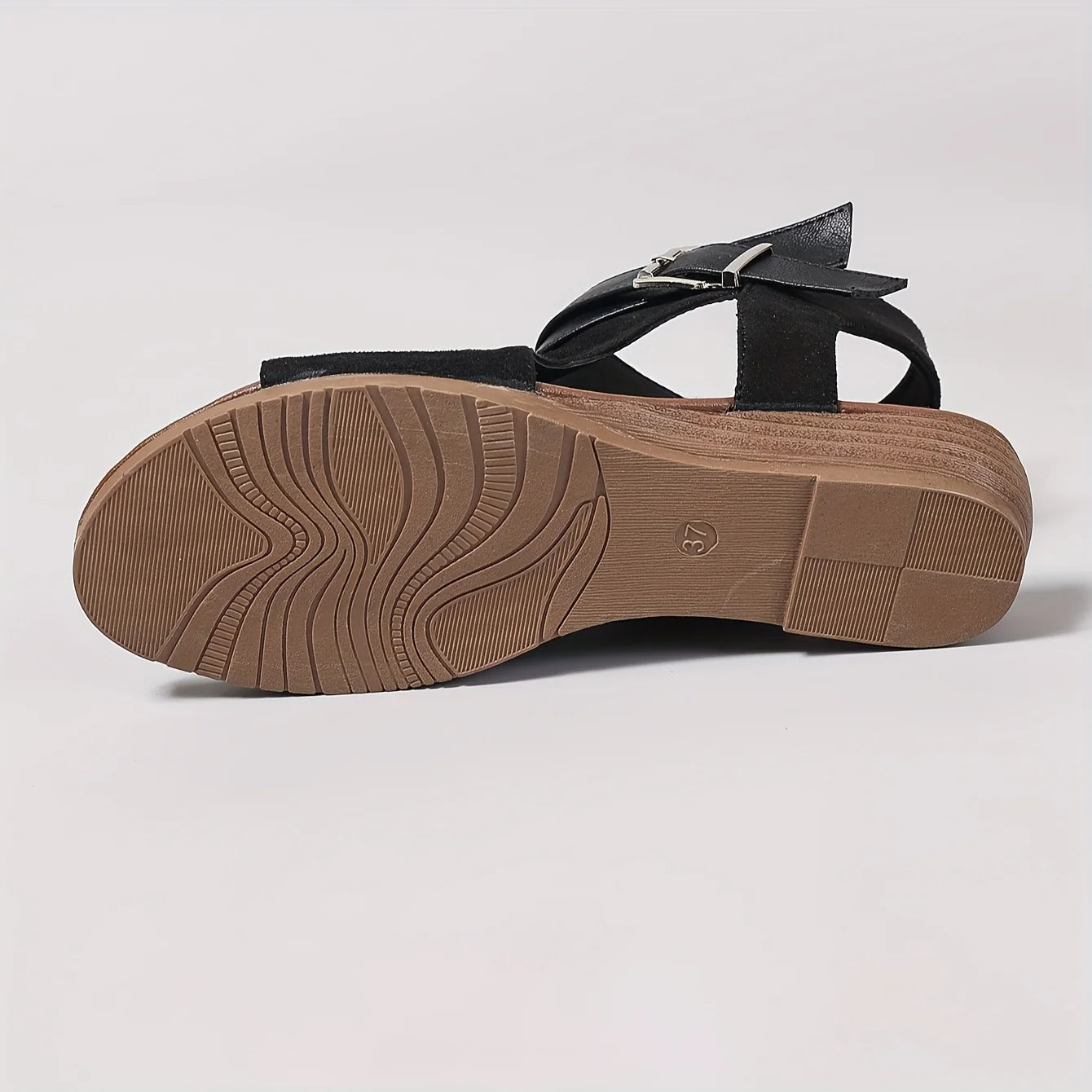 Black Pu Buckle Open Toe Cool Wedge Sandals