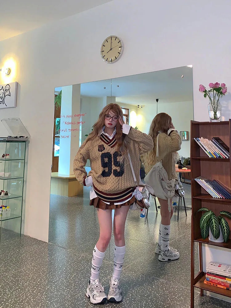 Oversized Korean Preppy Style Letter Print Loose Elegant Pullover Sweater