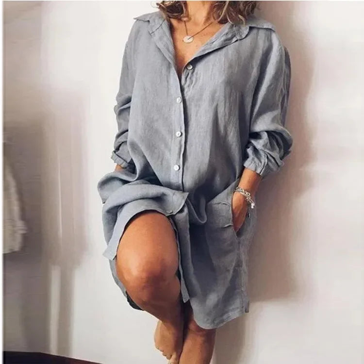 Elegant Cotton Commuting Style Flip Collar Single Breasted Dress