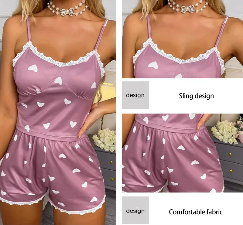 V-Neck Suspender Lace Lace Printed Pajama Set