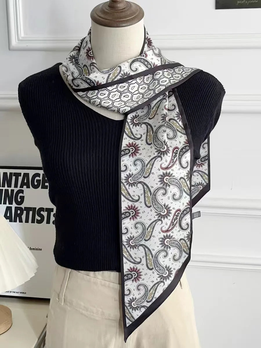 Long Silk Scarf Luxury Paisley Print Headband Soft Satin Scarves