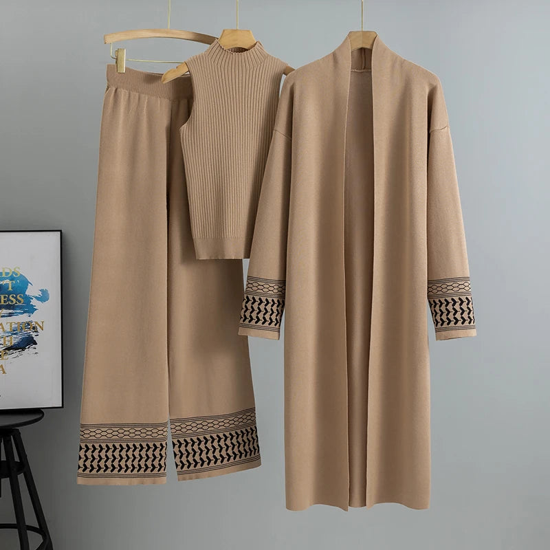Casual Knitted Three-piece Temperament Cardigan Sweater Vest Wide Leg Pants Sets