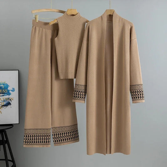 Casual Knitted Three-piece Temperament Cardigan Sweater Vest Wide Leg Pants Sets