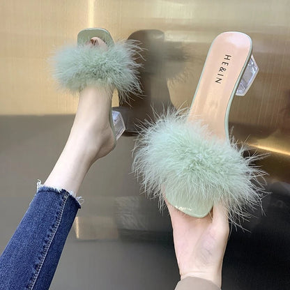 Fox Fur Chunky Flip Flops Sexy Home Slipper
