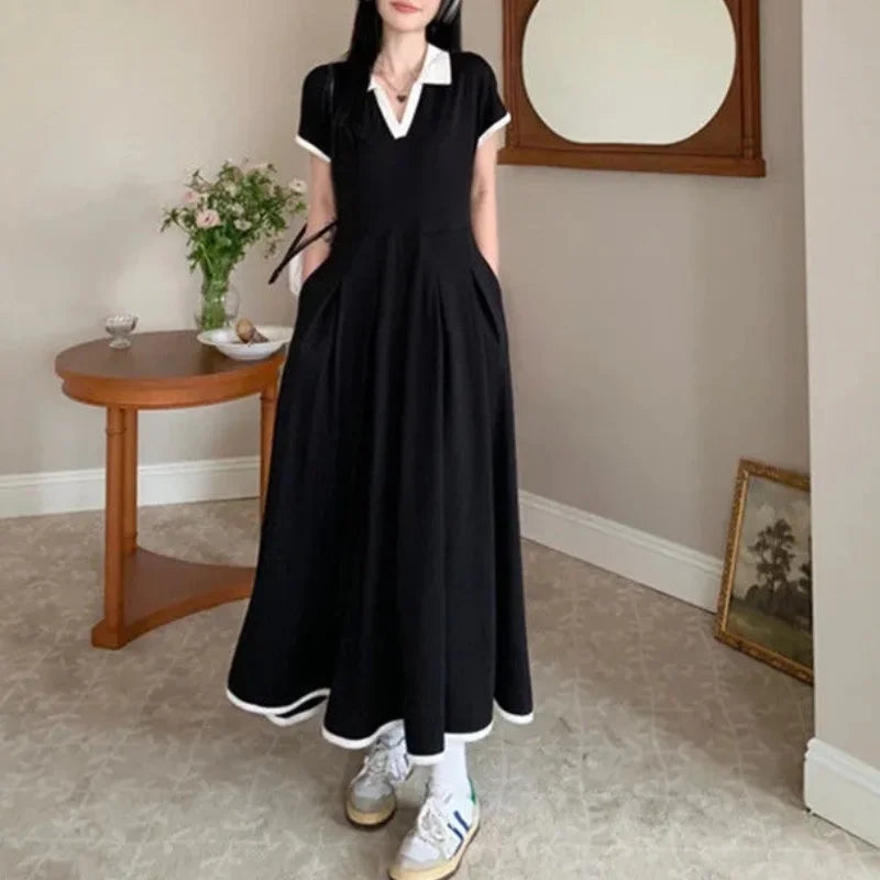 Midi Black Vintage Korean Style Elastic Long Sleeved Sports Dress