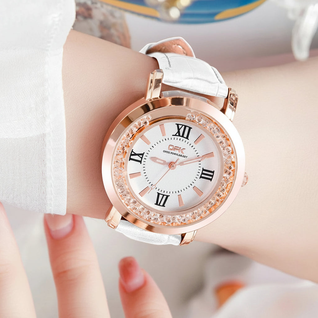 Quartz Leather Strap Diamond Bezel Waterproof Luminous Watch
