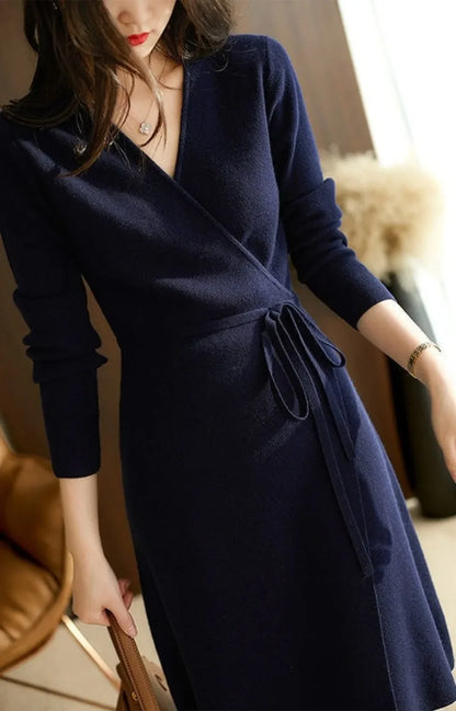 V-neck Wrap Up Loose Elegant Knitted Dress